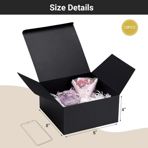 EUSOAR Gift Boxes for Presents, 10 Pcs 8"x8"x4" Black 400gsm Cardboard Sturdy Gift Box with Ribbon, Wedding Bridal Party Groomsmen Bridesmaid Proposal Box for Crafting Candle Coffee Mugs Homemade Soap in Saudi Arabia