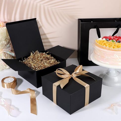 EUSOAR Gift Boxes for Presents, 10 Pcs 8"x8"x4" Black 400gsm Cardboard Sturdy Gift Box with Ribbon, Wedding Bridal Party Groomsmen Bridesmaid Proposal Box for Crafting Candle Coffee Mugs Homemade Soap in Saudi Arabia