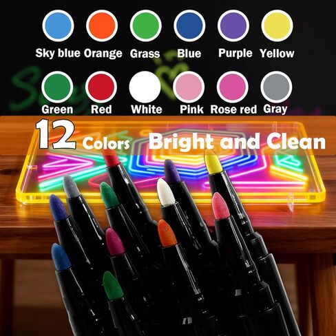 12-Color Neon Markers for LED Note Board, Erasable Marker Pens Compatible With LED Writing Board Acrylic Message Board Light Up Drawing Board Dry Erase Board Doodle Book in Saudi Arabia
