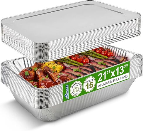 EHOMEA2Z Large Aluminum Pans With Lids Disposable Full Heavy Duty Roasting, Broiling, Baking, Catering Pans 21x13x3 (15, Full-Size w/Lids) in Saudi Arabia