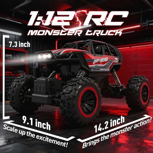 1:12 Large RC Monster Truck for Boys 8-12 with 2 Remote Batteries, 12 MPH Off-Road Remote Control Truck with Light, RC Car Toy Gift for Kids 8-12, 2 Rechargeable Car Batteries in Saudi Arabia