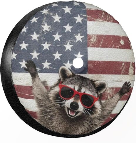 18 Inch Little Raccoon American Flag Leather Spare Tire Cover with Backup Camera Hole Universal Wheel Protector for Wrangler Jl SUV Rv Trailer Camper Truck in Saudi Arabia