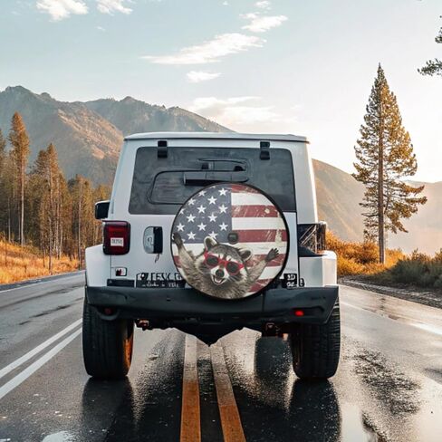 18 Inch Little Raccoon American Flag Leather Spare Tire Cover with Backup Camera Hole Universal Wheel Protector for Wrangler Jl SUV Rv Trailer Camper Truck in Saudi Arabia