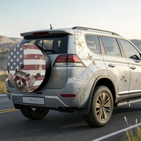 18 Inch Little Raccoon American Flag Leather Spare Tire Cover with Backup Camera Hole Universal Wheel Protector for Wrangler Jl SUV Rv Trailer Camper Truck in Saudi Arabia