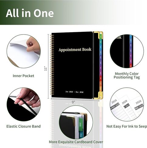 Appointment Book 2026 with Calendar Planner,Hardcover Weekly & Monthly Appointment Planner from Jan 2026-Dec 2026,Daily 7AM - 10 PM Hourly Schedule for Salon,Office, School,Doctor 9" x 11", Black in Saudi Arabia