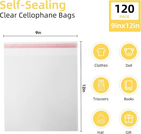zzwjhpak Cellophane Bags, 120 Pcs Resealable Clear Poly Bags for Clothes, Party Favors, Artwork & Decorative Wrappers(9 * 12) in Saudi Arabia