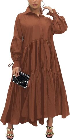 Women's Long Sleeve Maxi Shirt Dress Elegant Button Down Loose Swing Party Dress in Kuwait