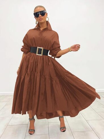 Women's Long Sleeve Maxi Shirt Dress Elegant Button Down Loose Swing Party Dress in Kuwait