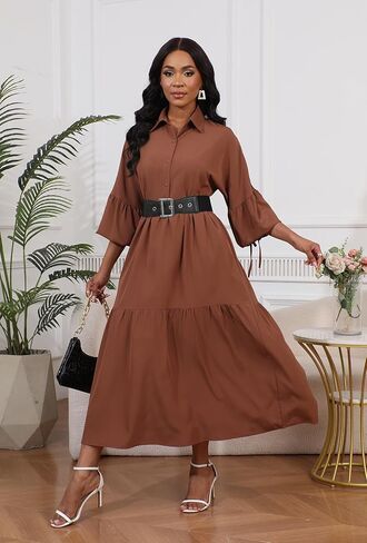 Women's Long Sleeve Maxi Shirt Dress Elegant Button Down Loose Swing Party Dress in Kuwait