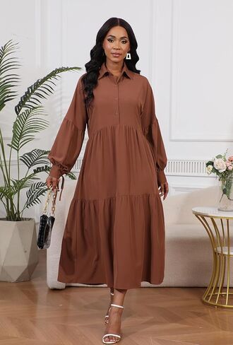 Women's Long Sleeve Maxi Shirt Dress Elegant Button Down Loose Swing Party Dress in Kuwait