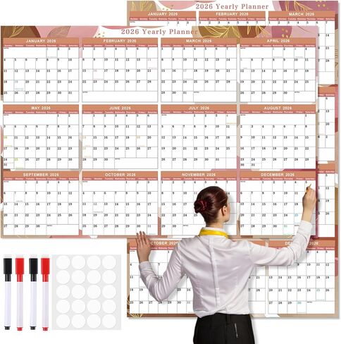 2026 Wall Calendar 32" x 48" Dry Erase Erasable Jumbo XL Wet Dry Calendar Large Laminated Planner 12 Month Horizontal Vertical from January to December for Planning(Flower) in Saudi Arabia