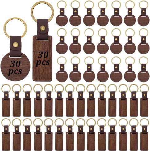 60 PCS Leather Wood Keychain Blanks Unfinished Wooden Keychains Rectangular and Round Shape Walnut Wood Keychains Blanks for Engraving DIY Crafts Personalized Gifts in Saudi Arabia