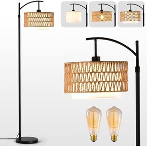 Rattan Floor Lamp for Living Room with 3 Color Temperatures, Farmhouse Floor Lamps with Remote, Boho Standing Lamp with Rattan & Fabric Shades, Adjustable Height Lamp for Bedroom, Living Room Office in Saudi Arabia