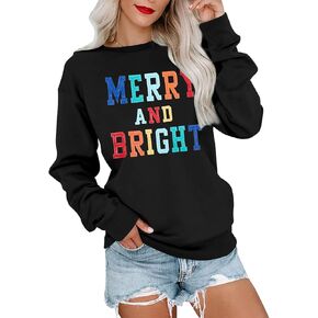 MOUSYA Christmas T-Shirt Women Merry Bright Colorful Letter Printed Sweatshirt Casual Long Sleeve Round Neck Pullover Tops in Kuwait