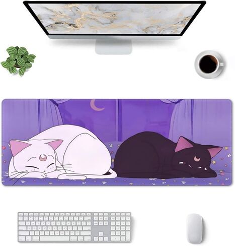 Anime Kawaii Gaming Mouse Pad - Cute Cat Large Desk Mat XL Lavender Purple Extended Mousepad - Desktop Laptop Keyboard Mouse Mat 31.5x11.8in Non-Slip Rubber Base with Stitched Edges in Saudi Arabia