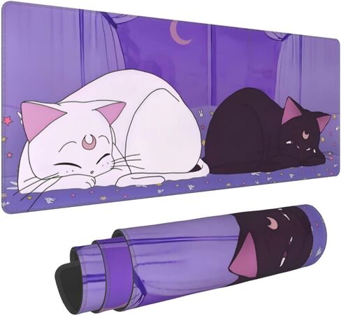 Anime Kawaii Gaming Mouse Pad - Cute Cat Large Desk Mat XL Lavender Purple Extended Mousepad - Desktop Laptop Keyboard Mouse Mat 31.5x11.8in Non-Slip Rubber Base with Stitched Edges in Saudi Arabia