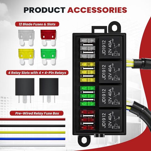طقم صندوق مرحل ومصهر 12 فولت مع 4 مرحلات JD1912 و12 صمامات شفرة، كتلة توزيع طاقة السيارات مع حزام الأسلاك لشاحنة السيارة RV UTV للطرق الوعرة in Kuwait