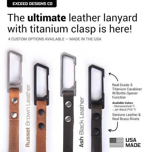 Exceed Designs LATCH 6" Leather + Titanium Carabiner Wrist Lanyard (Heavy Duty GR5 Ti + USA MADE Real Leather) Keys Keychain in Saudi Arabia