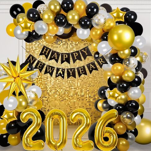 2026 Happy New Year Balloon Arch Garland Kit, 18" 10" Black Gold Balloons Happy New Year Banner Large Size 2026 Balloons for New Years Decorations 2026 New Years Eve Party Supplies 2026 in Saudi Arabia