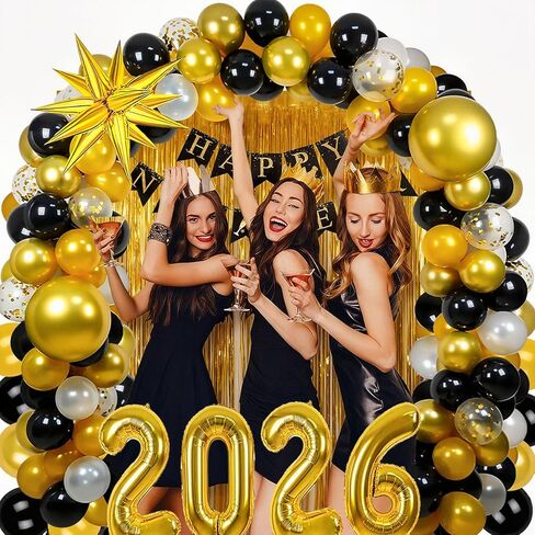 2026 Happy New Year Balloon Arch Garland Kit, 18" 10" Black Gold Balloons Happy New Year Banner Large Size 2026 Balloons for New Years Decorations 2026 New Years Eve Party Supplies 2026 in Saudi Arabia