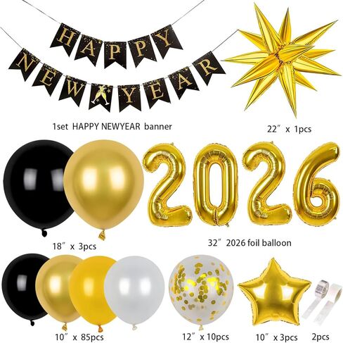 2026 Happy New Year Balloon Arch Garland Kit, 18" 10" Black Gold Balloons Happy New Year Banner Large Size 2026 Balloons for New Years Decorations 2026 New Years Eve Party Supplies 2026 in Saudi Arabia