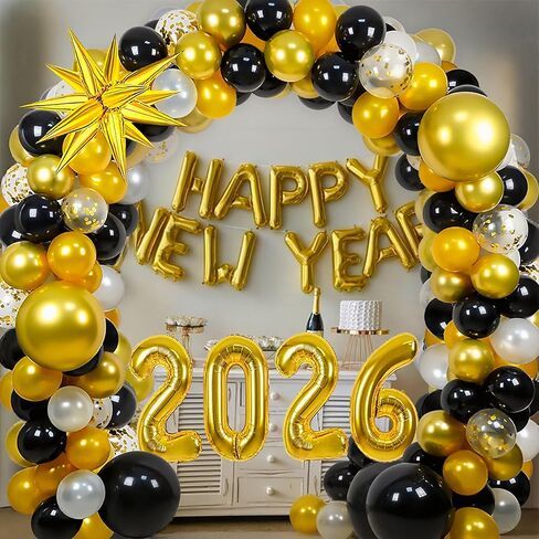 2026 Happy New Year Balloon Arch Garland Kit, 18" 10" Black Gold Balloons Happy New Year Banner Large Size 2026 Balloons for New Years Decorations 2026 New Years Eve Party Supplies 2026 in Saudi Arabia