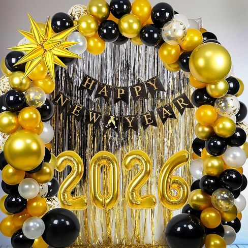 2026 Happy New Year Balloon Arch Garland Kit, 18" 10" Black Gold Balloons Happy New Year Banner Large Size 2026 Balloons for New Years Decorations 2026 New Years Eve Party Supplies 2026 in Saudi Arabia