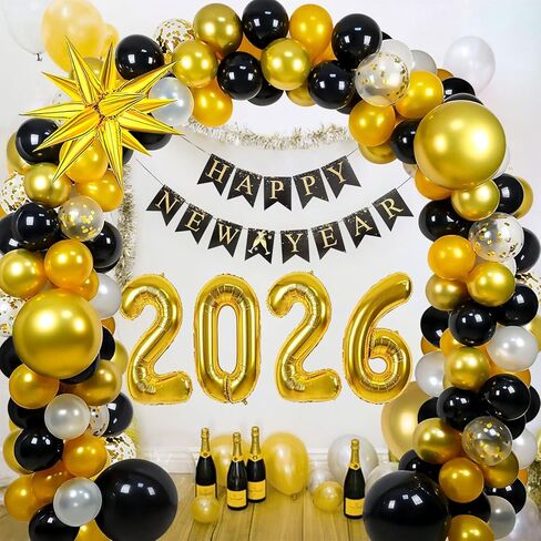 2026 Happy New Year Balloon Arch Garland Kit, 18" 10" Black Gold Balloons Happy New Year Banner Large Size 2026 Balloons for New Years Decorations 2026 New Years Eve Party Supplies 2026 in Saudi Arabia
