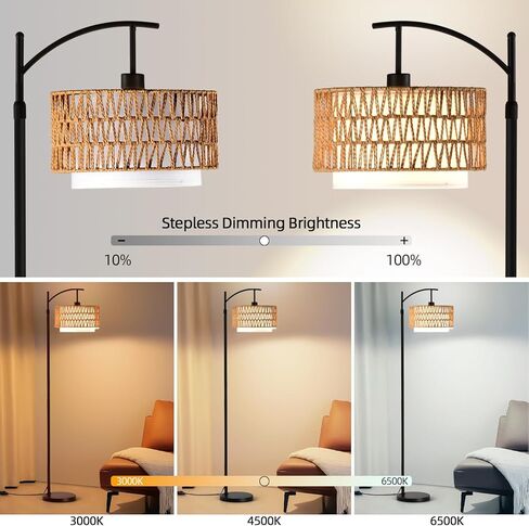 Rattan Floor Lamp for Living Room with 3 Color Temperatures, Farmhouse Floor Lamps with Remote, Boho Standing Lamp with Rattan & Fabric Shades, Adjustable Height Lamp for Bedroom, Living Room Office in Saudi Arabia