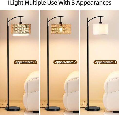 Rattan Floor Lamp for Living Room with 3 Color Temperatures, Farmhouse Floor Lamps with Remote, Boho Standing Lamp with Rattan & Fabric Shades, Adjustable Height Lamp for Bedroom, Living Room Office in Saudi Arabia