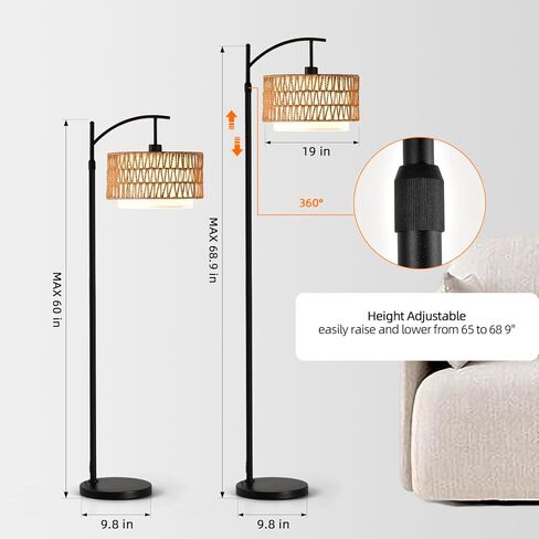 Rattan Floor Lamp for Living Room with 3 Color Temperatures, Farmhouse Floor Lamps with Remote, Boho Standing Lamp with Rattan & Fabric Shades, Adjustable Height Lamp for Bedroom, Living Room Office in Saudi Arabia