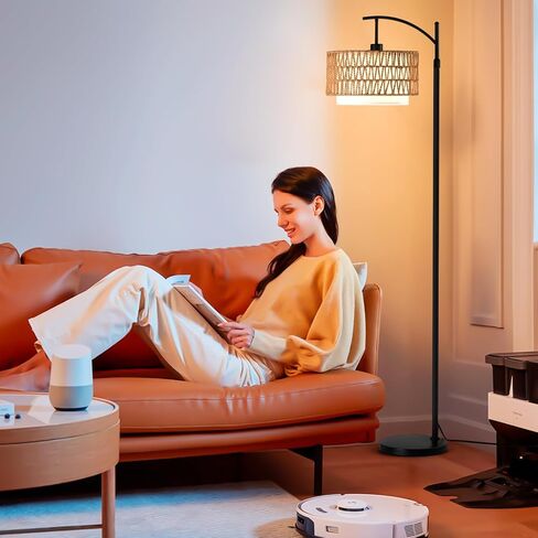 Rattan Floor Lamp for Living Room with 3 Color Temperatures, Farmhouse Floor Lamps with Remote, Boho Standing Lamp with Rattan & Fabric Shades, Adjustable Height Lamp for Bedroom, Living Room Office in Saudi Arabia