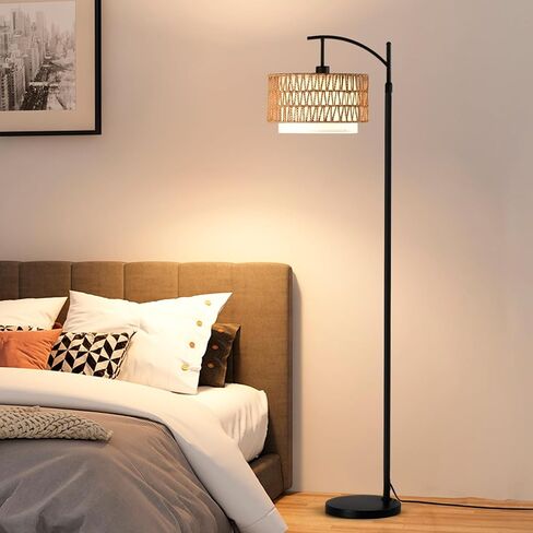 Rattan Floor Lamp for Living Room with 3 Color Temperatures, Farmhouse Floor Lamps with Remote, Boho Standing Lamp with Rattan & Fabric Shades, Adjustable Height Lamp for Bedroom, Living Room Office in Saudi Arabia