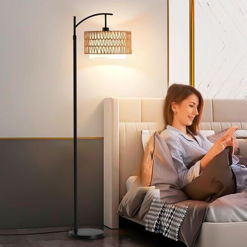 Rattan Floor Lamp for Living Room with 3 Color Temperatures, Farmhouse Floor Lamps with Remote, Boho Standing Lamp with Rattan & Fabric Shades, Adjustable Height Lamp for Bedroom, Living Room Office in Saudi Arabia