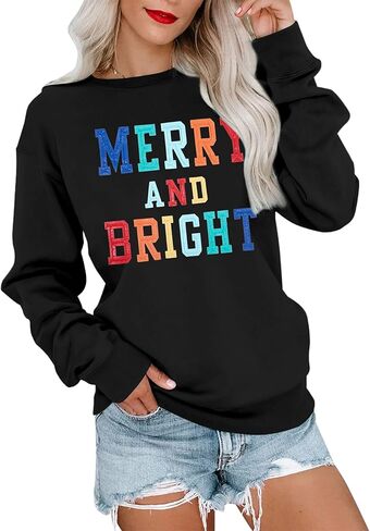 MOUSYA Christmas T-Shirt Women Merry Bright Colorful Letter Printed Sweatshirt Casual Long Sleeve Round Neck Pullover Tops in Kuwait