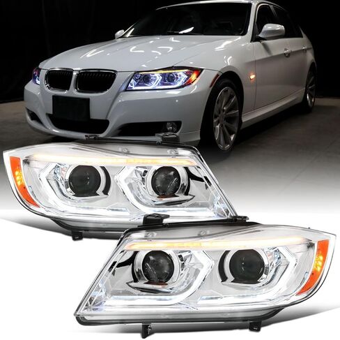 Ronnin - يناسب 2006-2011 BMW 3-Series 325i 328i 330i E90 Sedan E91 Wagon استبدال مطور للمصابيح الأمامية الهالوجين لجهاز العرض المزدوج LED إشارات الانعطاف المتسلسلة + زوج بدء التشغيل المتحرك | أسود in Saudi Arabia