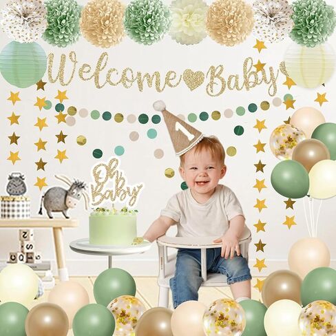 Sage Green Baby Shower Decorations Gender Neutral Baby Shower Decorations Welcome Baby Banner Sage Green Balloons Paper Lanterns Pom Tablecloth Neutral Gender Reveal Birthday Party Supplies in Saudi Arabia