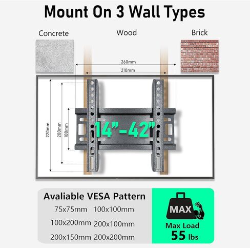 Fixed TV Wall Mount for 14-43 Inches Flat Screen TVs, Low Profile TV Mount Bracket Hold Up 55lbs, Wall Mount TV Bracket Flush Mount Space Saving, Max VESA 200x200mm in Saudi Arabia