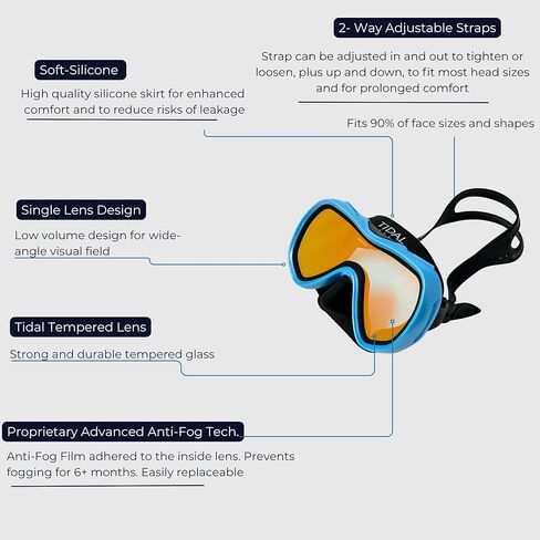 Tidal Mask - Advanced Anti Fog Diving Mask for Scuba Diving, Snorkeling, Free Diving and Swimming. Wide-Angle Tempered Glass Single Lens - Best Anti Fog Scuba Mask, Snorkel Mask, Dive Mask for Adults. in Kuwait