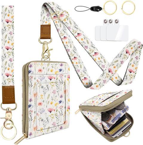 محفظة من جلد البولي يوريثان مع حامل شارة الهوية مع جيب بسحاب واحد و3 فتحات للبطاقات وحزام معصم على شكل سلسلة مفاتيح للهاتف، وحجب RFID، للأعمال المكتبية والمدرسة والشمس والقمر in Kuwait