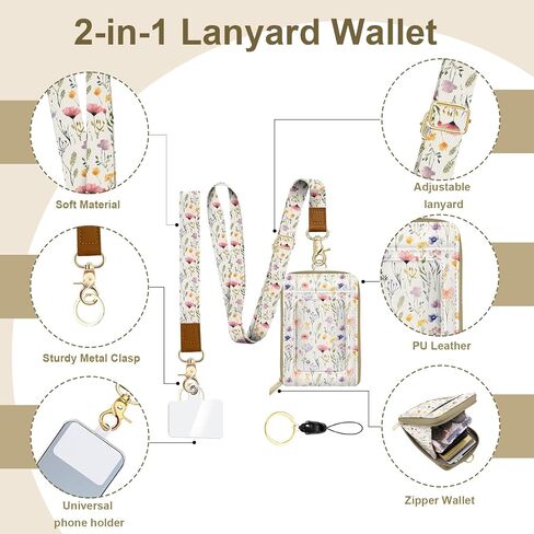 محفظة من جلد البولي يوريثان مع حامل شارة الهوية مع جيب بسحاب واحد و3 فتحات للبطاقات وحزام معصم على شكل سلسلة مفاتيح للهاتف، وحجب RFID، للأعمال المكتبية والمدرسة والشمس والقمر in Kuwait