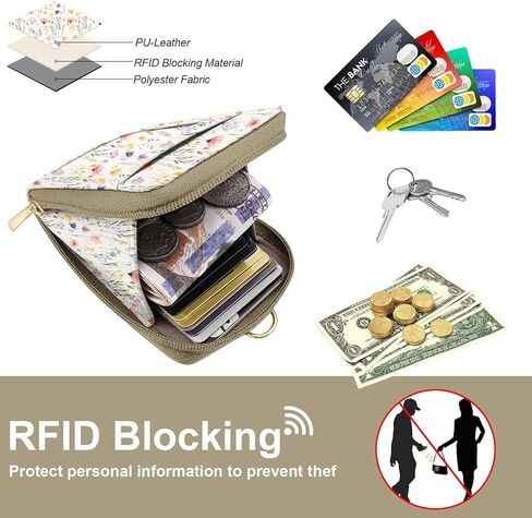 محفظة من جلد البولي يوريثان مع حامل شارة الهوية مع جيب بسحاب واحد و3 فتحات للبطاقات وحزام معصم على شكل سلسلة مفاتيح للهاتف، وحجب RFID، للأعمال المكتبية والمدرسة والشمس والقمر in Kuwait