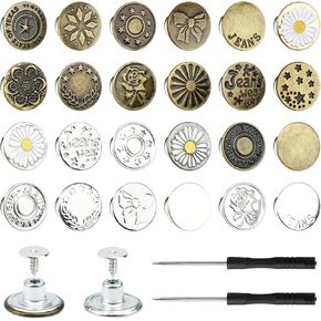60 Sets Buttons for loose Jeans,17mm+20mm No Sew Metal Button Extenders for Jeans,10 Patterns Adjustable and Reusable Instant Jean Button Replacement Kits Include Combo Thread Rivets and Screwdrivers in Kuwait