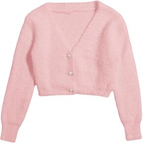 GORGLITTER Women's Fuzzy Pearl Button Up Open Front Cardigan Long Sleeve Crop Sweater Outerwear Jackets in Kuwait