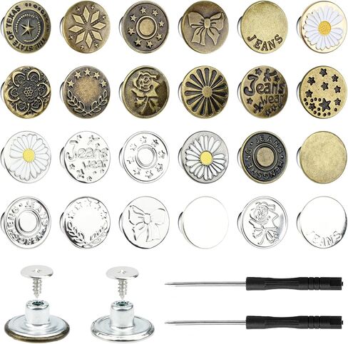 60 Sets Buttons for loose Jeans,17mm+20mm No Sew Metal Button Extenders for Jeans,10 Patterns Adjustable and Reusable Instant Jean Button Replacement Kits Include Combo Thread Rivets and Screwdrivers in Kuwait