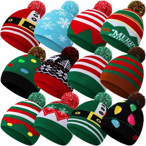 Mumufy 12 Pcs Christmas Beanie Hats Snowflake Pattern Hats Warm Stretch Winter Knit Hat for Men Women Adult (Beautiful Style) Multicolored in Saudi Arabia