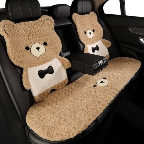 غطاء مقعد السيارة للسيارات، وسادة مقعد السيارة الأمامية والخلفية من القطيفة على شكل دب كرتوني مع وسائد داعمة لمسند الرأس وأغطية حماية مقاعد السيارة العالمية (بني، 7 قطع) in Kuwait