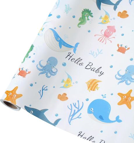 wishinside Blue Baby Wrapping Paper Roll-17 Inches X 32.8 Feet, Mini Roll, Sea Creatures Design Wrap Paper for Baby Shower, Boys' Birthday Party, Newborn, New Moms, Little One, 1st Baby, 1 Roll in Saudi Arabia