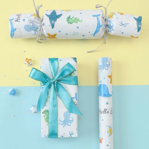 wishinside Blue Baby Wrapping Paper Roll-17 Inches X 32.8 Feet, Mini Roll, Sea Creatures Design Wrap Paper for Baby Shower, Boys' Birthday Party, Newborn, New Moms, Little One, 1st Baby, 1 Roll in Saudi Arabia