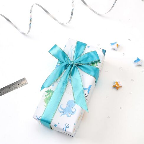 wishinside Blue Baby Wrapping Paper Roll-17 Inches X 32.8 Feet, Mini Roll, Sea Creatures Design Wrap Paper for Baby Shower, Boys' Birthday Party, Newborn, New Moms, Little One, 1st Baby, 1 Roll in Saudi Arabia